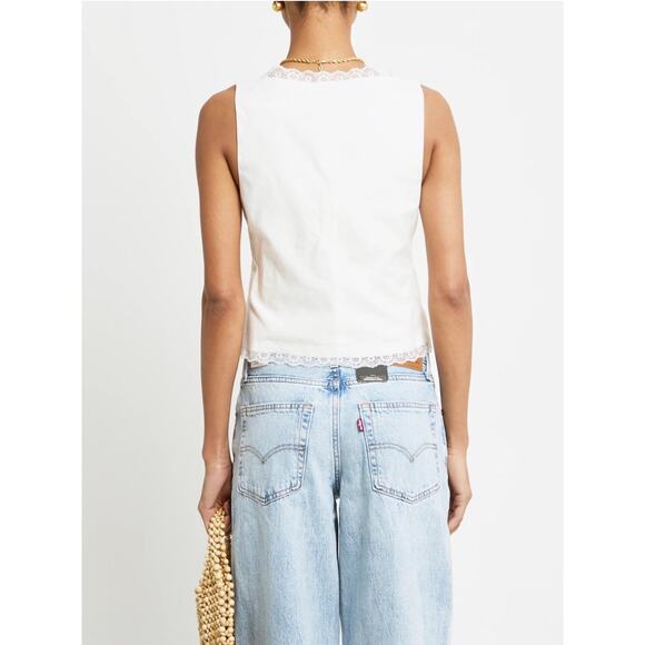 Kourt Women's Odette White Lace Trim Tie-Front Linen Blend Crop Top Size 6 NWOT - Picture 2 of 14